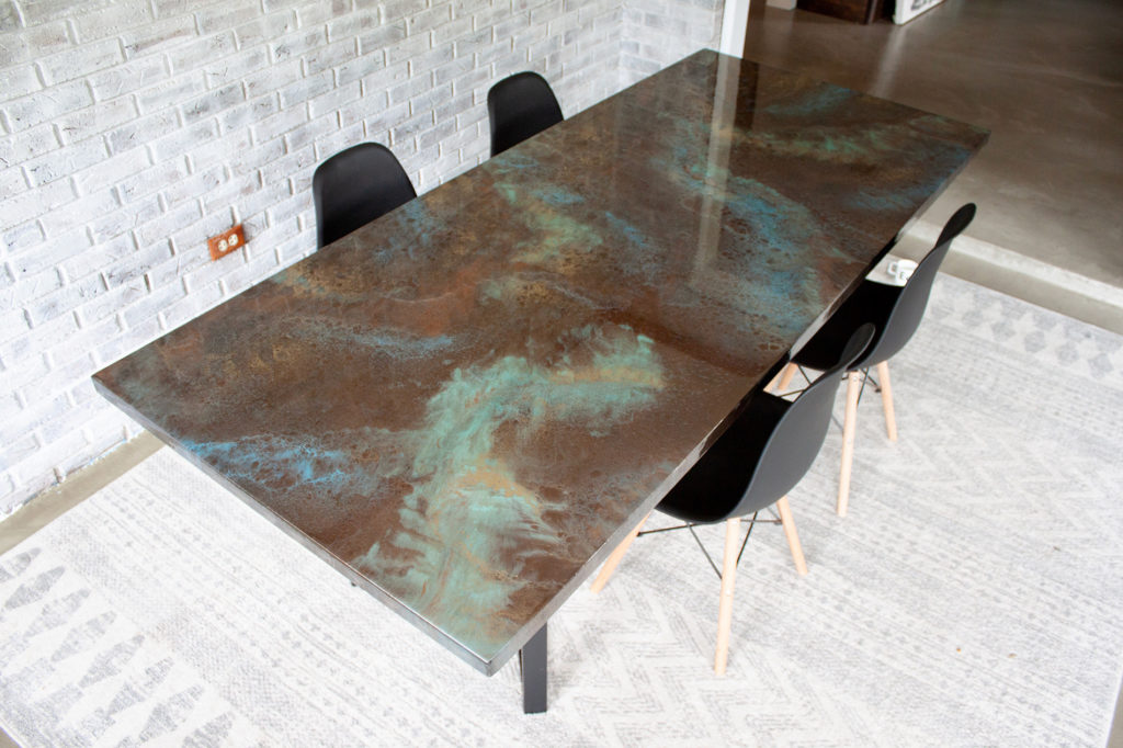 Brown, Blue and Green Metallic Dining Room Table